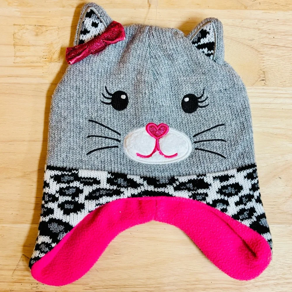 Adorable Cat face Fleece Knit animal print baby toddlers cap hat & stuffed toy